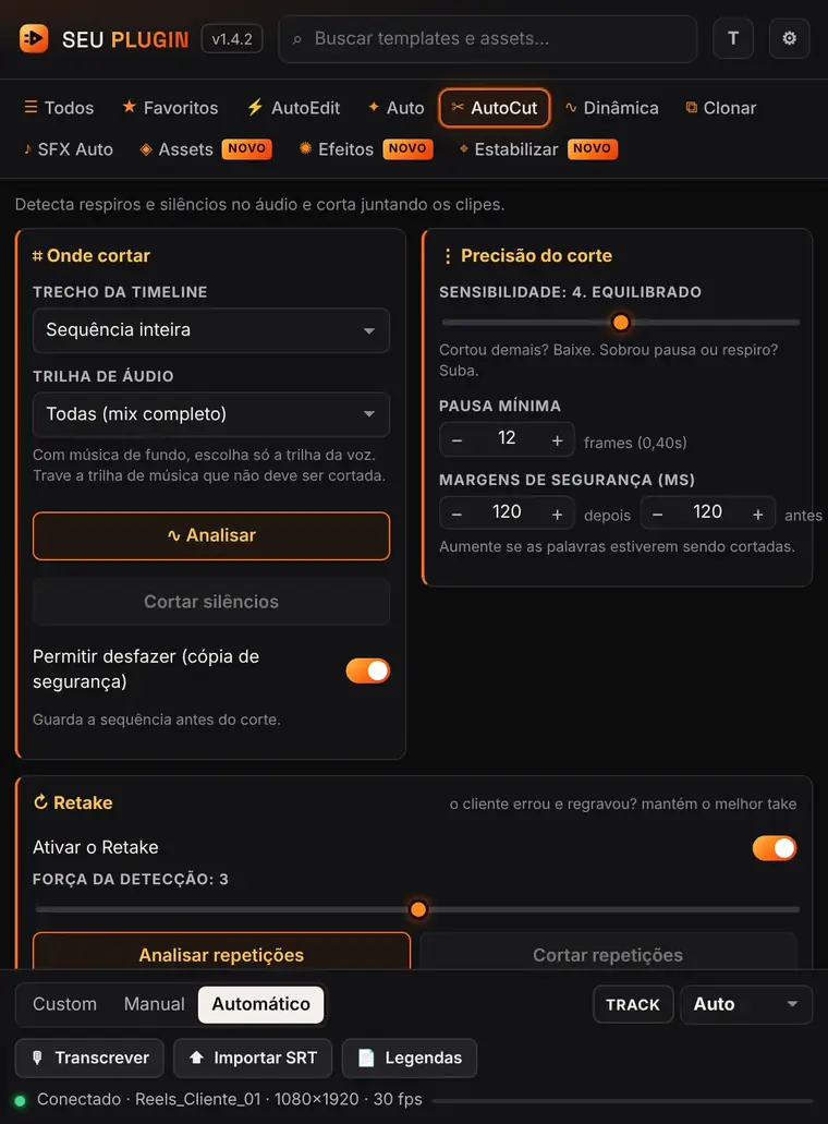 Aba AutoCut com sensibilidade, pausa mínima e Retake