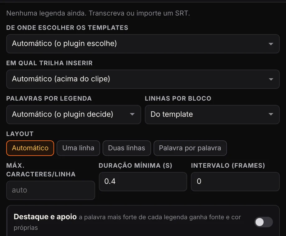 Aba de legendas automáticas